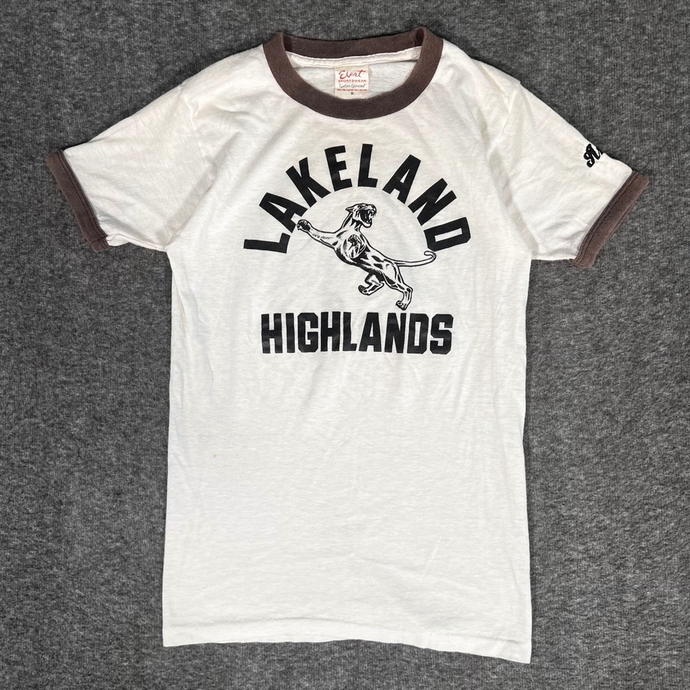 True Vintage 70s Ebert Lakeland Highlands Panther Ringer T-Shirt White Small